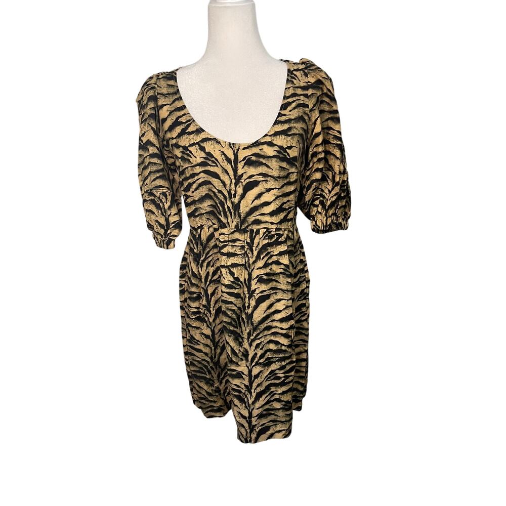 ba&sh Zola Tiger tan and black mini dress with poofy sleeves and scoop neck - S